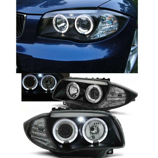 FARI ANTERIORI LED ANGEL EYES NERO PER BMW E81 E82 E87 E88 04-11 SERIE 1 FANALI