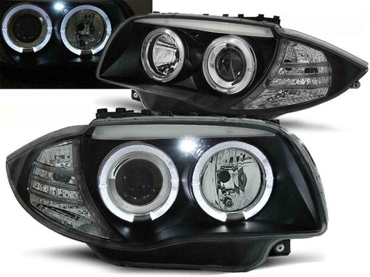 FARI ANTERIORI LED ANGEL EYES NERO PER BMW E81 E82 E87 E88 04-11 SERIE 1 FANALI
